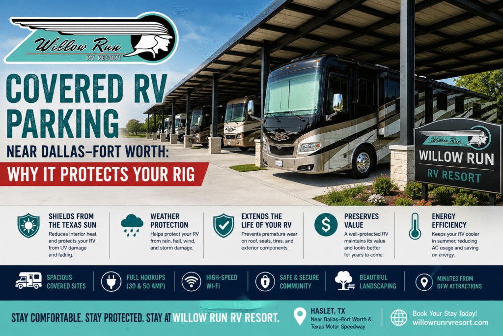 Covered RV parking near me at Willow Run RV Resort with awning-shaded sites near Fort Worth