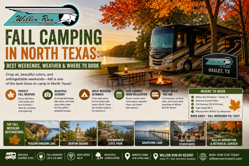 Fall RV camping in Texas at Willow Run RV Resort with full-hookup sites near Fort Worth
