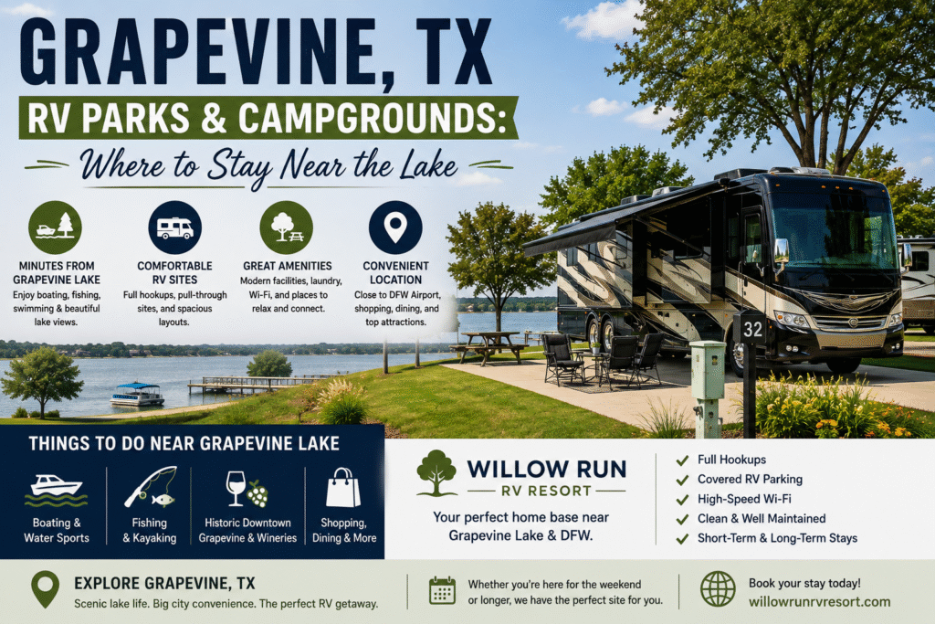 Grapevine RV park sites near the lake with full hookups and concrete pads at Willow Run RV Resort