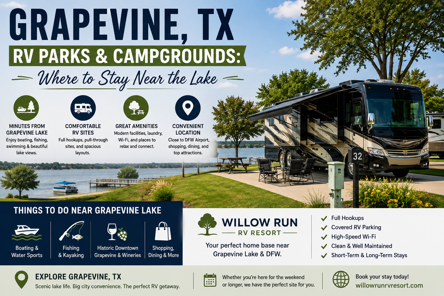 Grapevine RV park sites near the lake with full hookups and concrete pads at Willow Run RV Resort