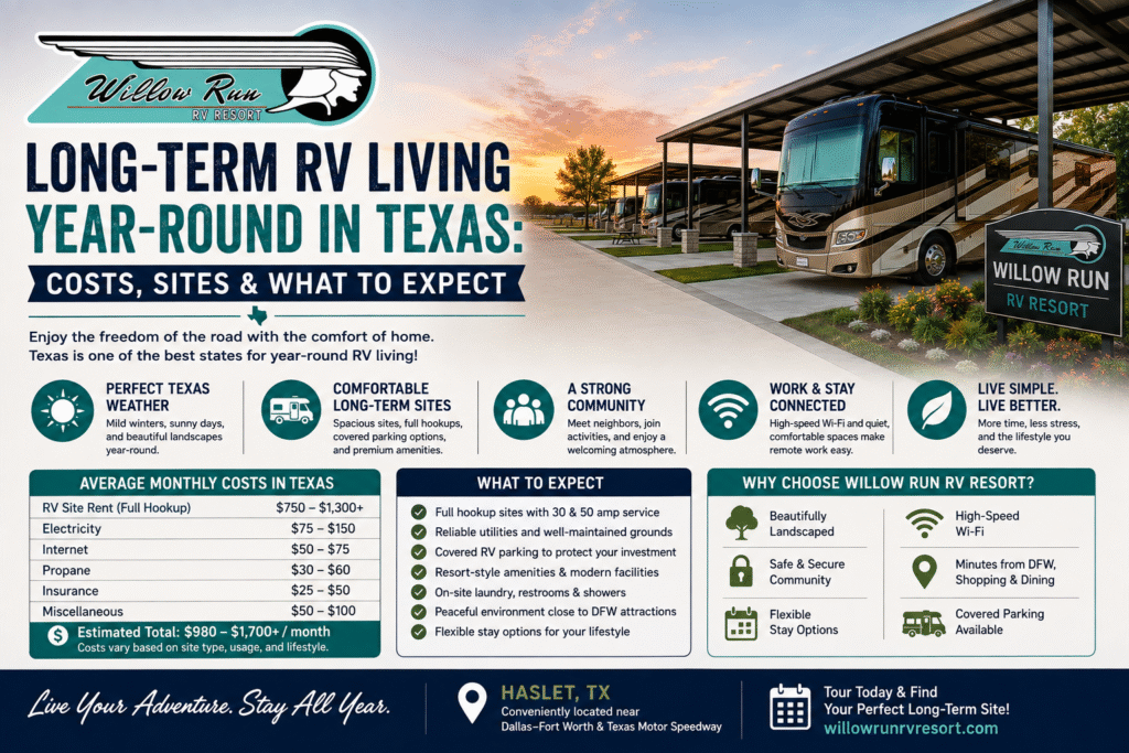 RV living year round in Texas at Willow Run RV Resort with full-hookup concrete pad sites