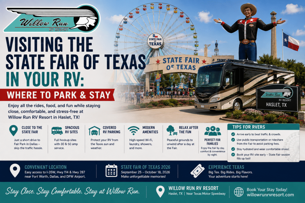 State Fair of Texas RV parking base at Willow Run RV Resort with full-hookup sites near Dallas