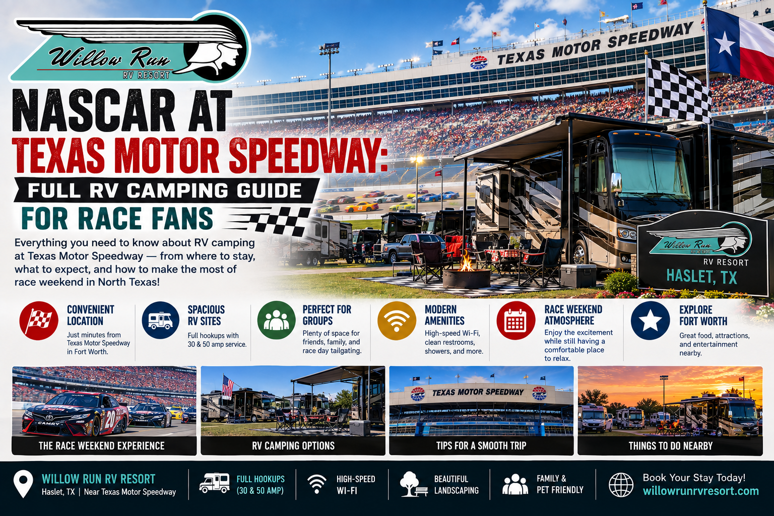Texas Motor Speedway RV camping base at Willow Run RV Resort with full-hookup sites near the track