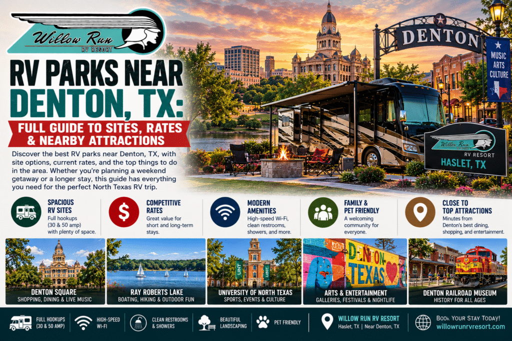 RV parks near Denton, TX with full hookups and concrete pads at Willow Run RV Resort