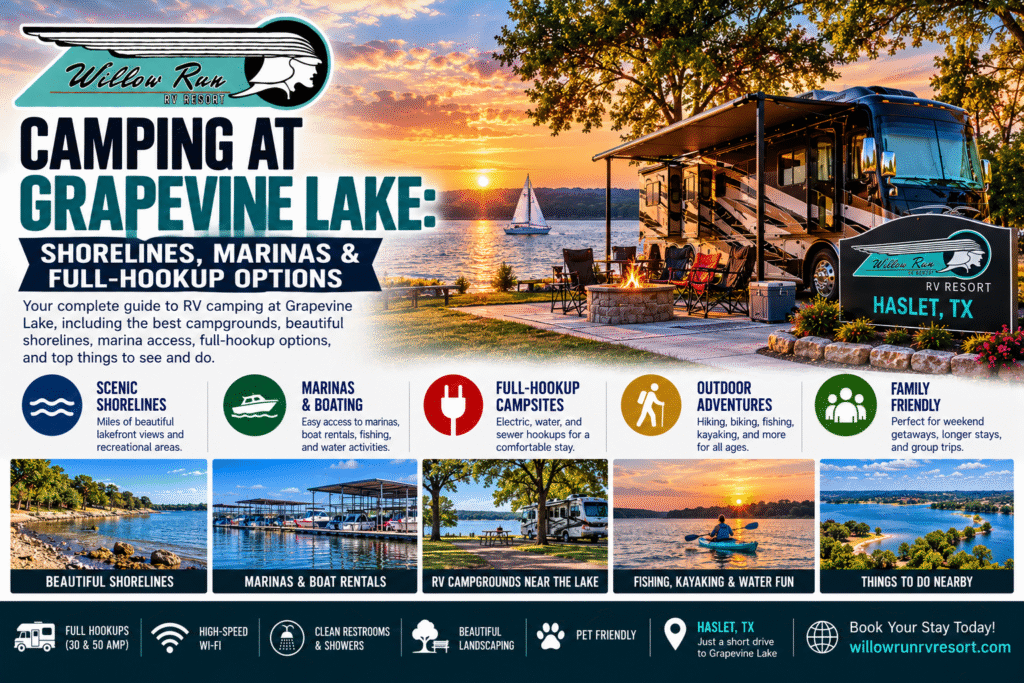 Camping at Grapevine Lake, TX with full-hookup RV options nearby at Willow Run RV Resort