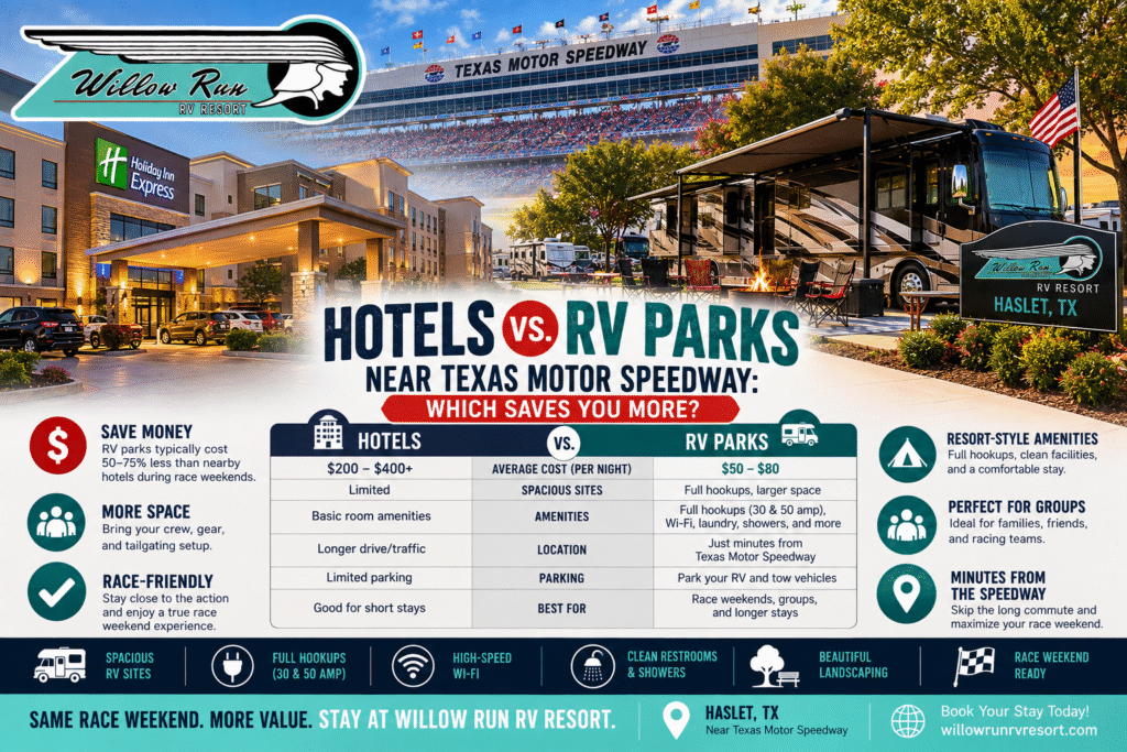 RV park vs hotel comparison near Texas Motor Speedway with full-hookup sites at Willow Run RV Resort